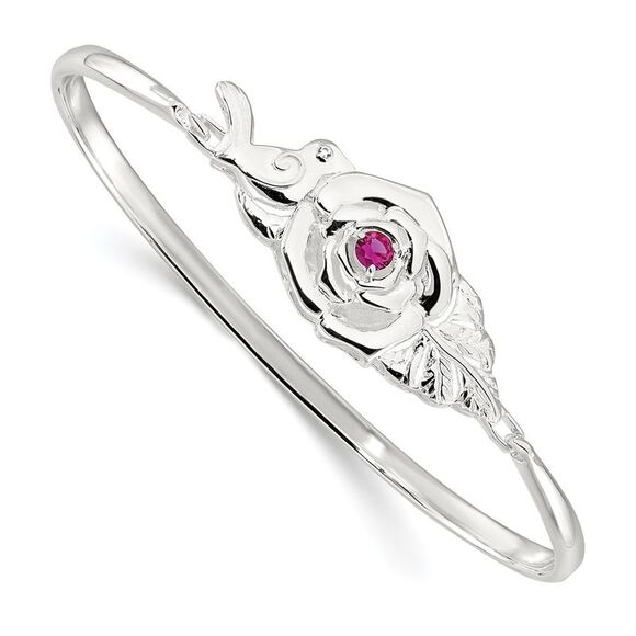 Kazi Luxury Sterling Silver Polished Red CZ Flower Bird Hook Bangle Bracelet